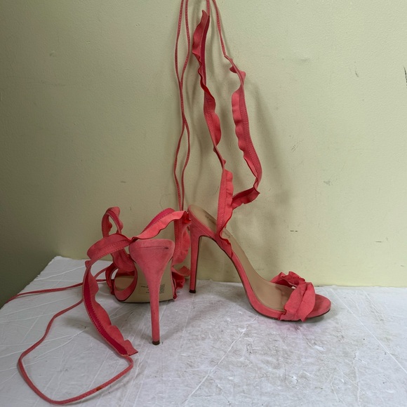 ShoeDazzle Shirah Ruffle Lace Up Heels Coral Pink Sandals Strap Adjustable Shoes - Picture 6 of 16
